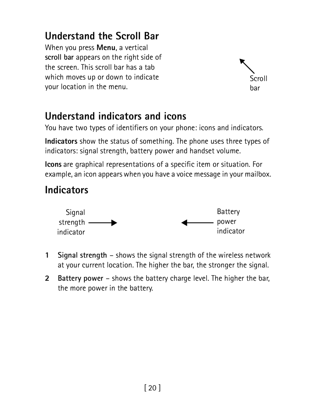 Nokia 1260 specifications Understand the Scroll Bar, Understand indicators and icons, Indicators 