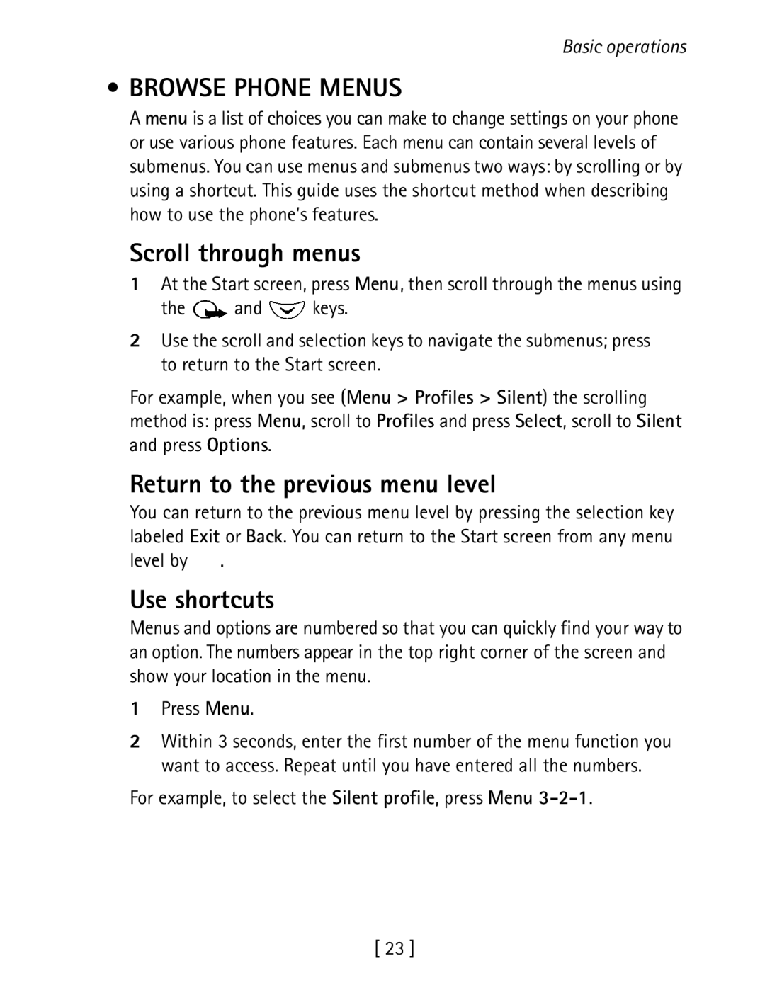 Nokia 1260 specifications Browse Phone Menus, Scroll through menus, Return to the previous menu level, Use shortcuts 