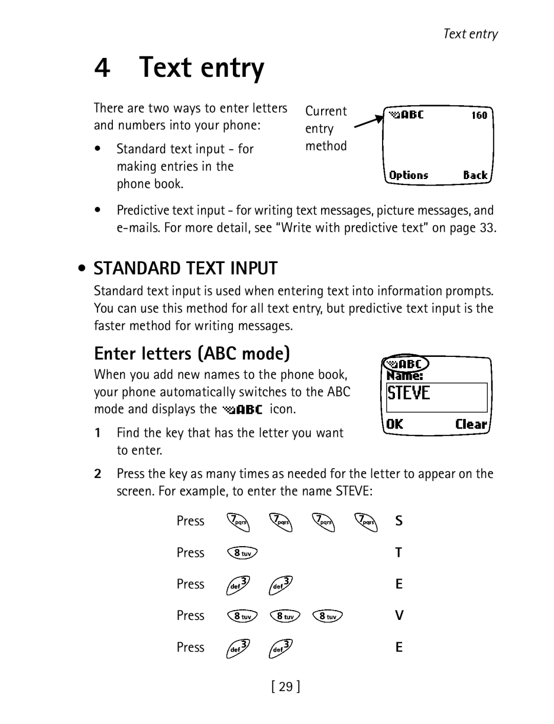 Nokia 1260 specifications Text entry, Standard Text Input, Enter letters ABC mode 