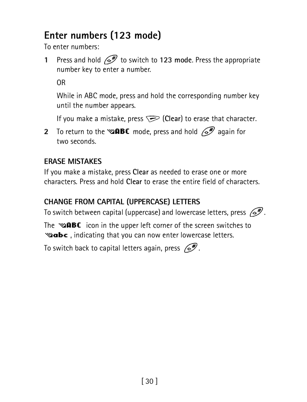 Nokia 1260 specifications Enter numbers 123 mode, Erase Mistakes, Change from Capital Uppercase Letters 