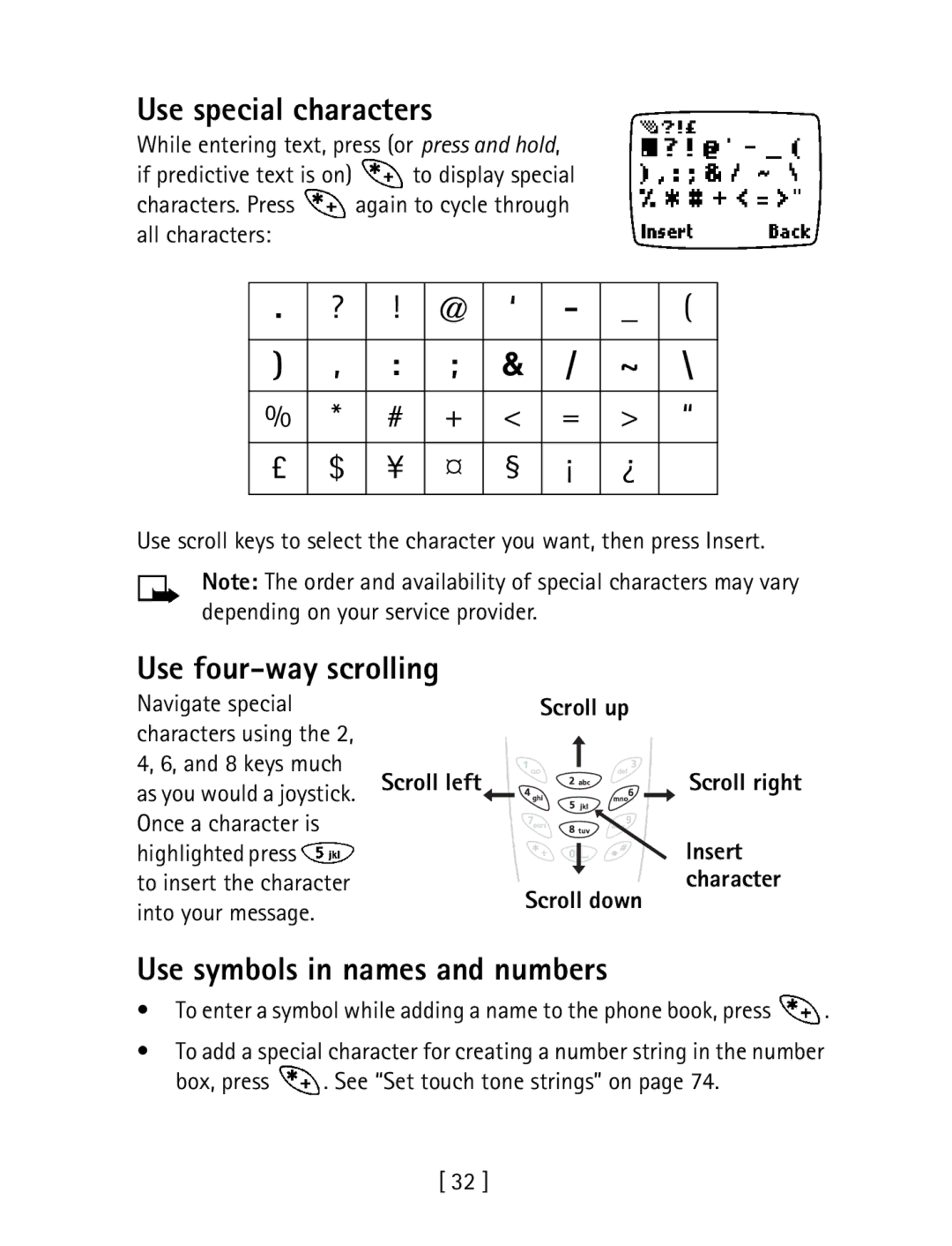 Nokia 1260 specifications Use special characters, Use four-way scrolling, Use symbols in names and numbers 