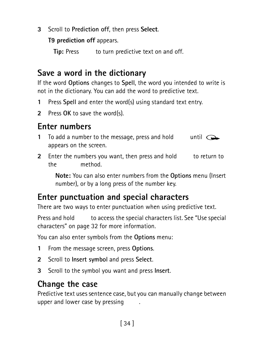 Nokia 1260 Save a word in the dictionary, Enter numbers, Enter punctuation and special characters, Change the case 