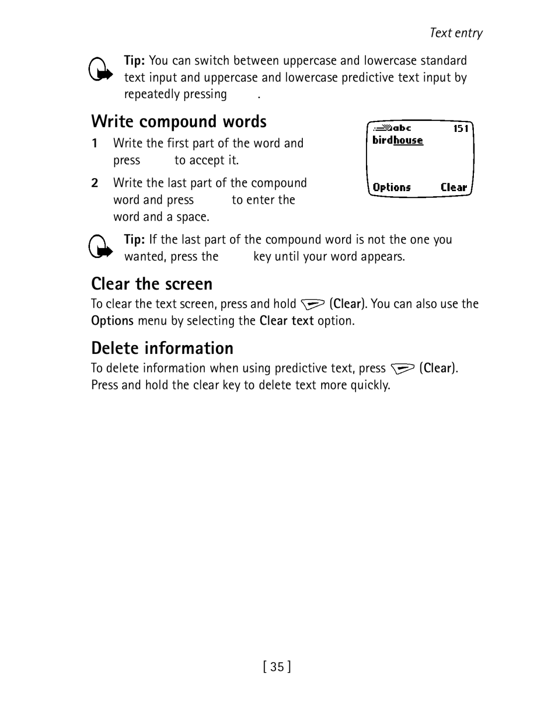 Nokia 1260 specifications Write compound words, Clear the screen, Delete information, Repeatedly pressing 