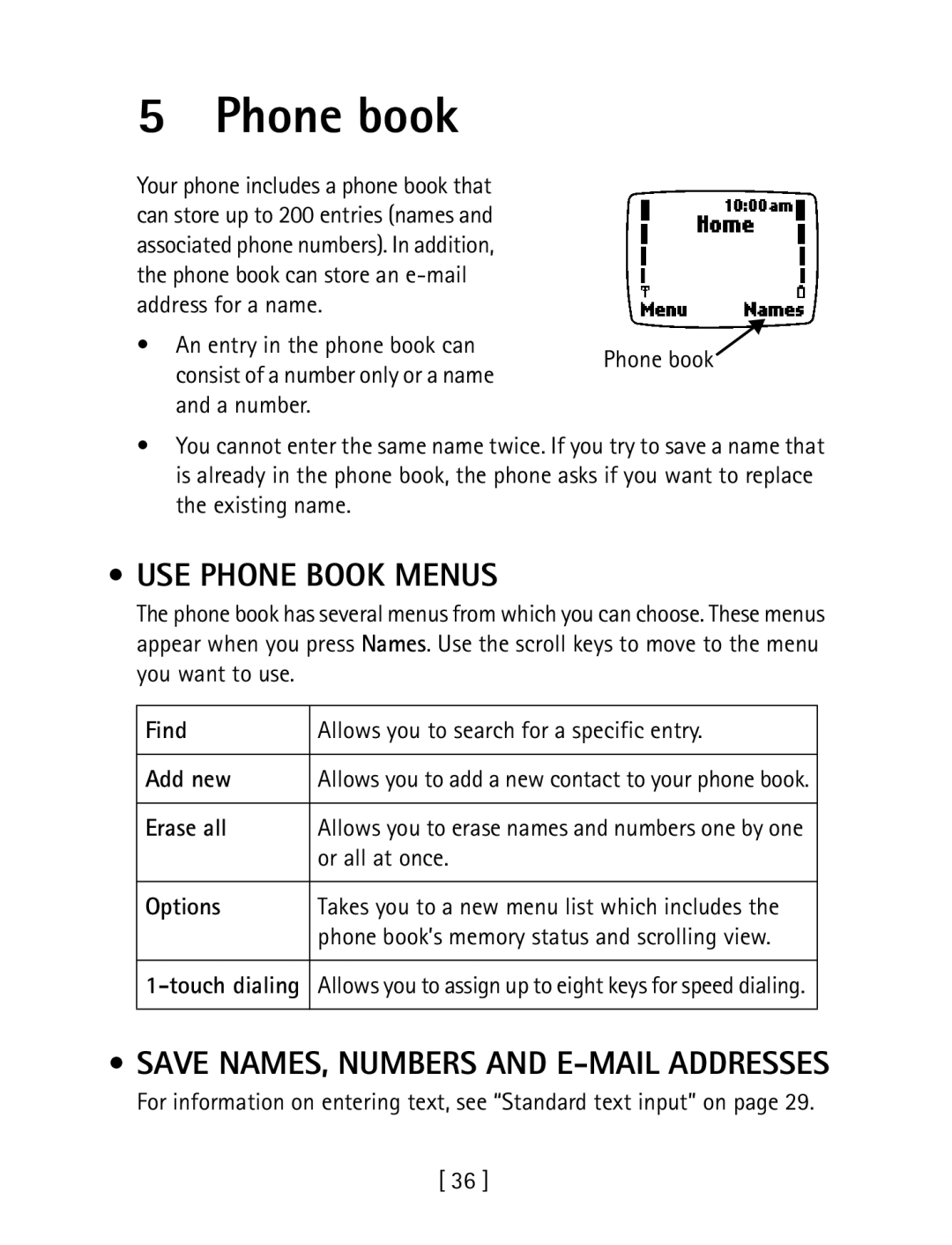 Nokia 1260 specifications Phone book, USE Phone Book Menus, Save NAMES, Numbers and E-MAIL Addresses 