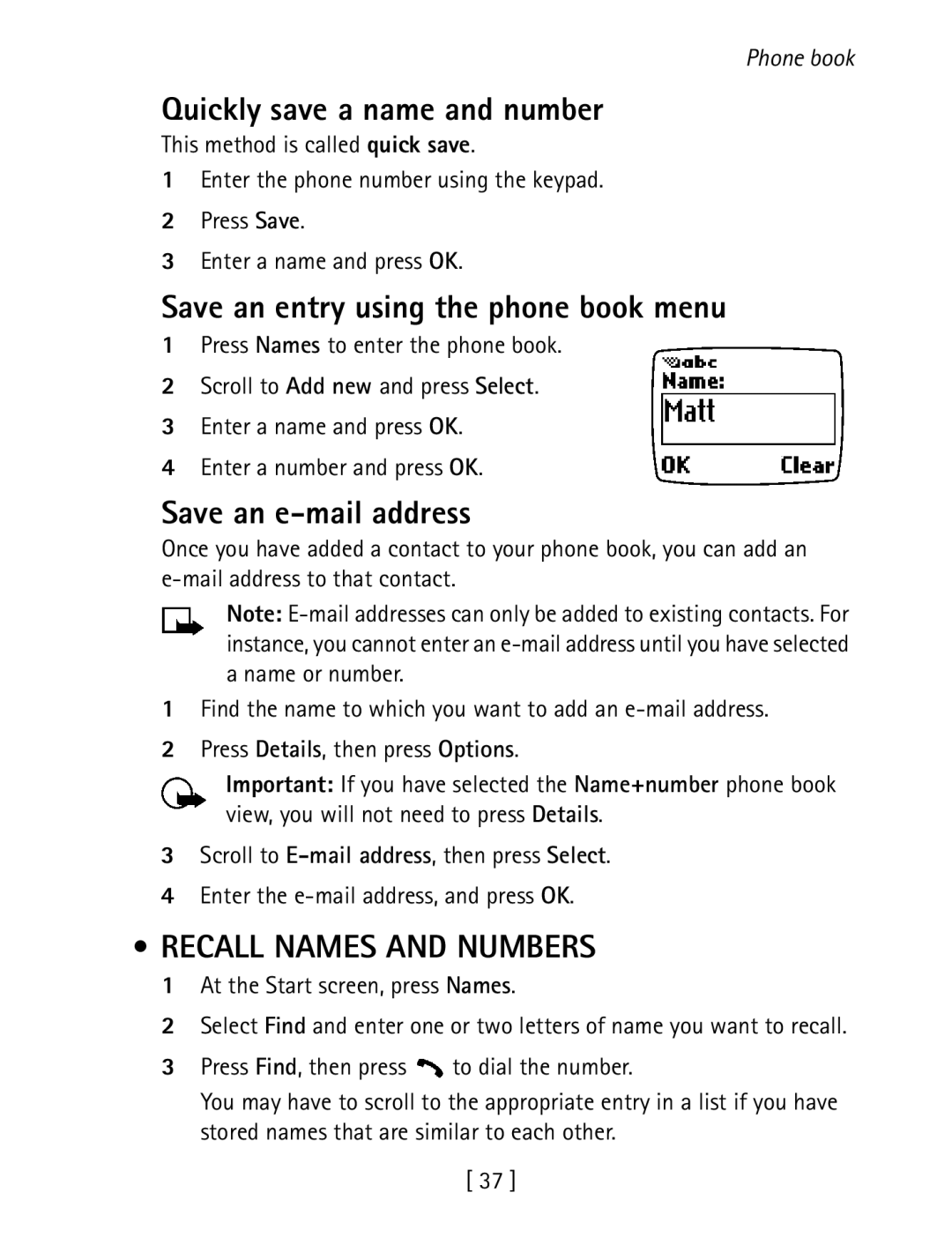 Nokia 1260 specifications Quickly save a name and number, Save an entry using the phone book menu, Save an e-mail address 