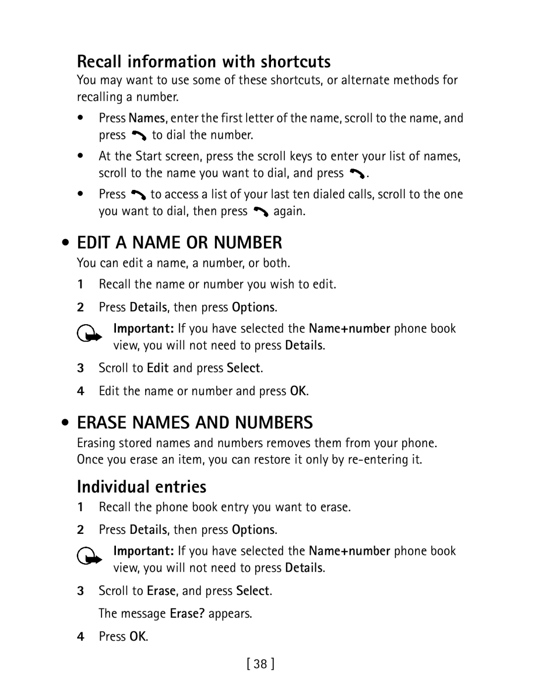 Nokia 1260 Recall information with shortcuts, Edit a Name or Number, Erase Names and Numbers, Individual entries, Press OK 