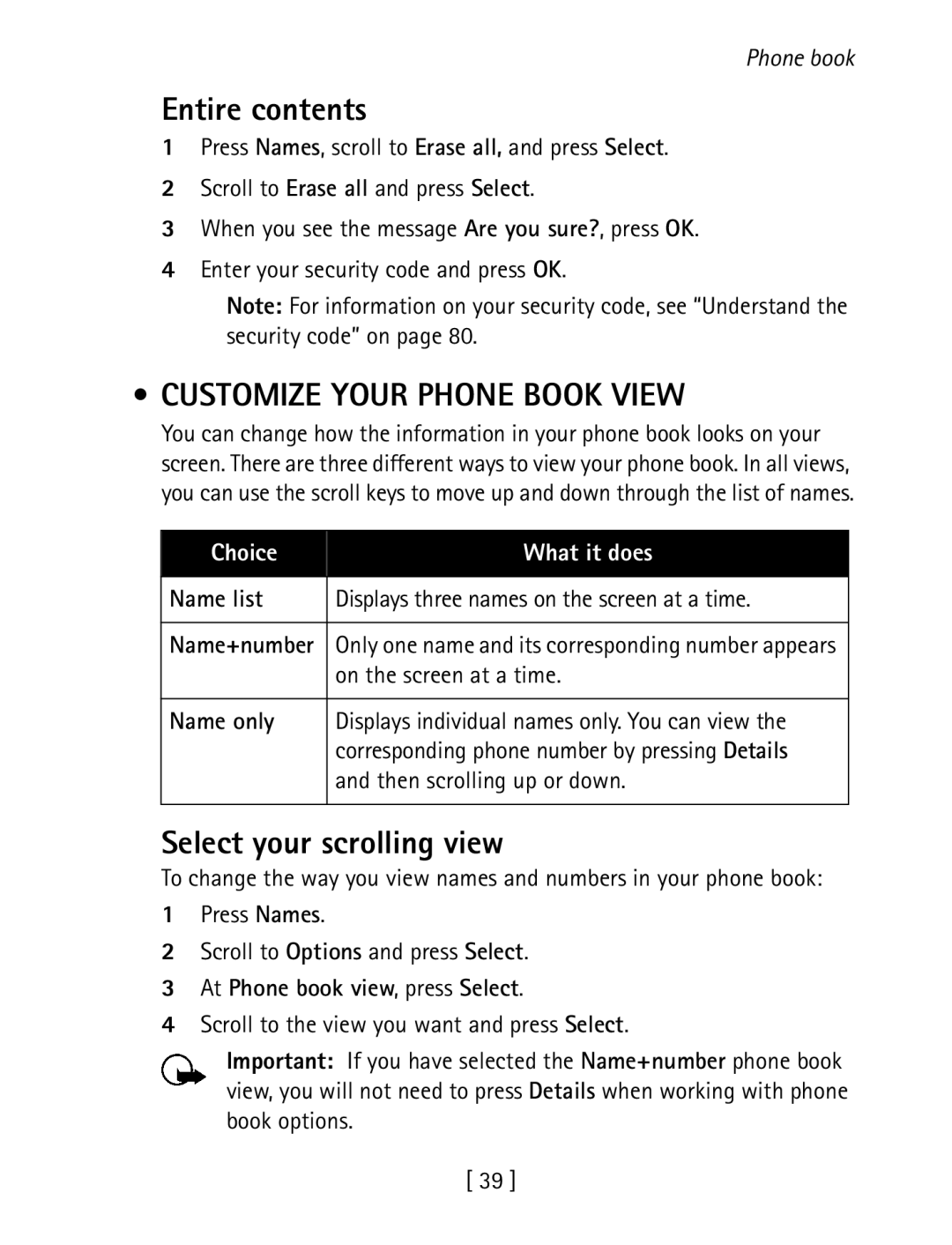 Nokia 1260 specifications Entire contents, Customize Your Phone Book View, Select your scrolling view 