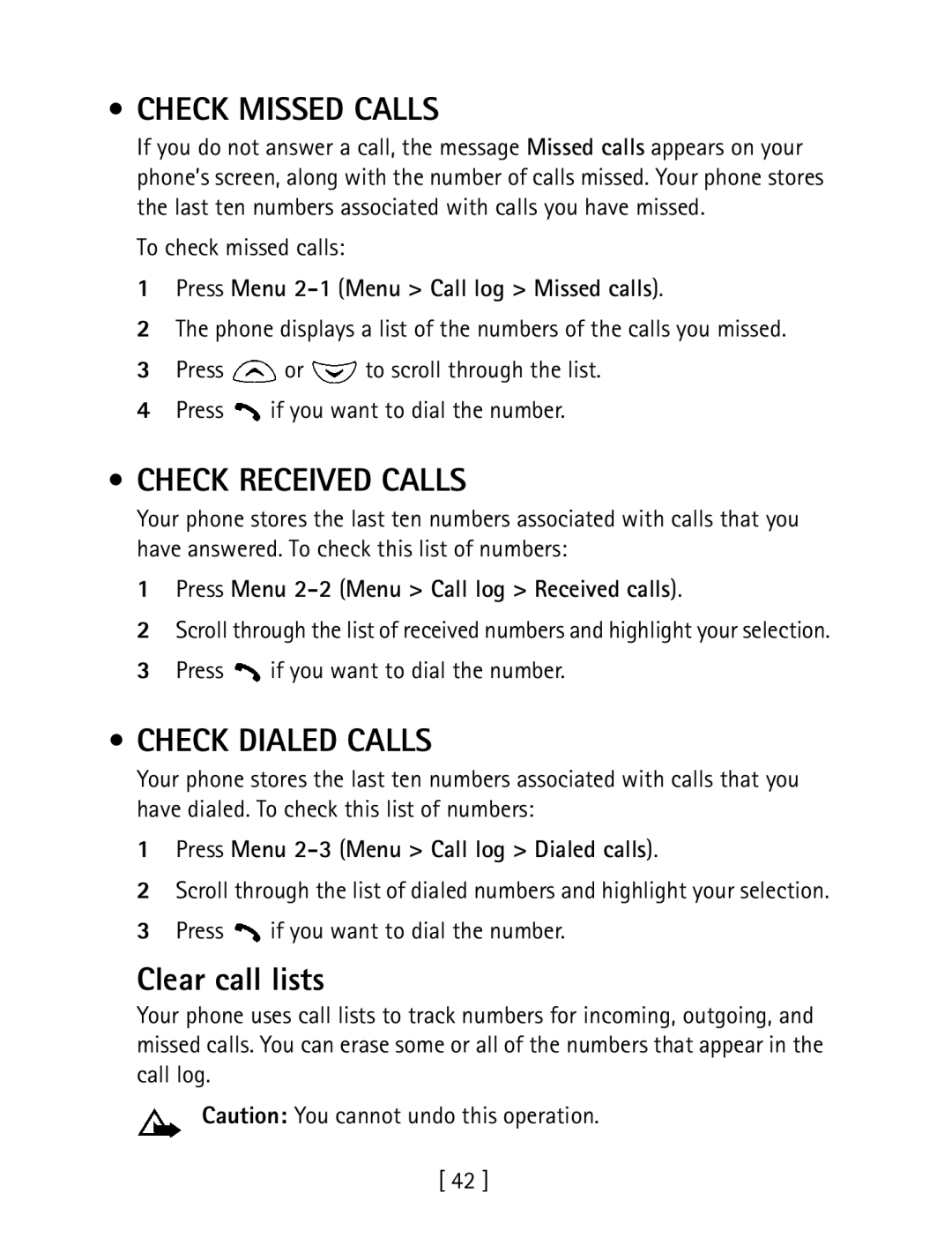 Nokia 1260 specifications Check Missed Calls, Check Received Calls, Check Dialed Calls, Clear call lists 