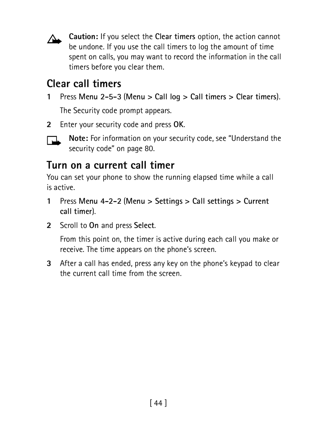 Nokia 1260 specifications Clear call timers, Turn on a current call timer 