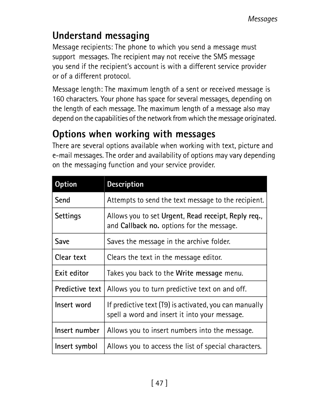 Nokia 1260 specifications Understand messaging, Options when working with messages 