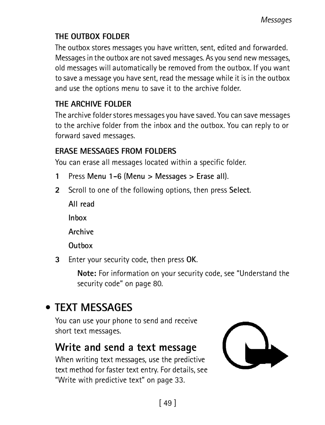 Nokia 1260 Text Messages, Write and send a text message, Outbox Folder, Archive Folder, Erase Messages from Folders 