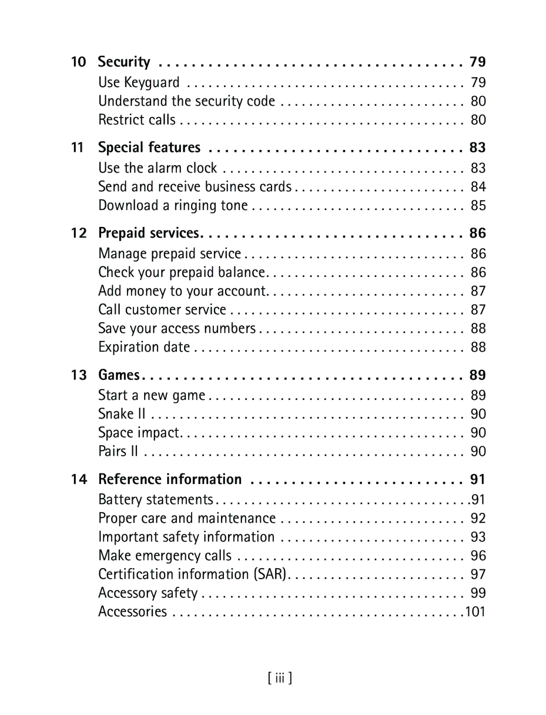 Nokia 1260 specifications Security, Use Keyguard Understand the security code Restrict calls 