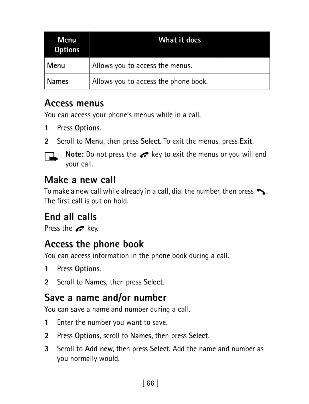 Nokia 1260 specifications Access menus, Make a new call, End all calls, Access the phone book, Save a name and/or number 