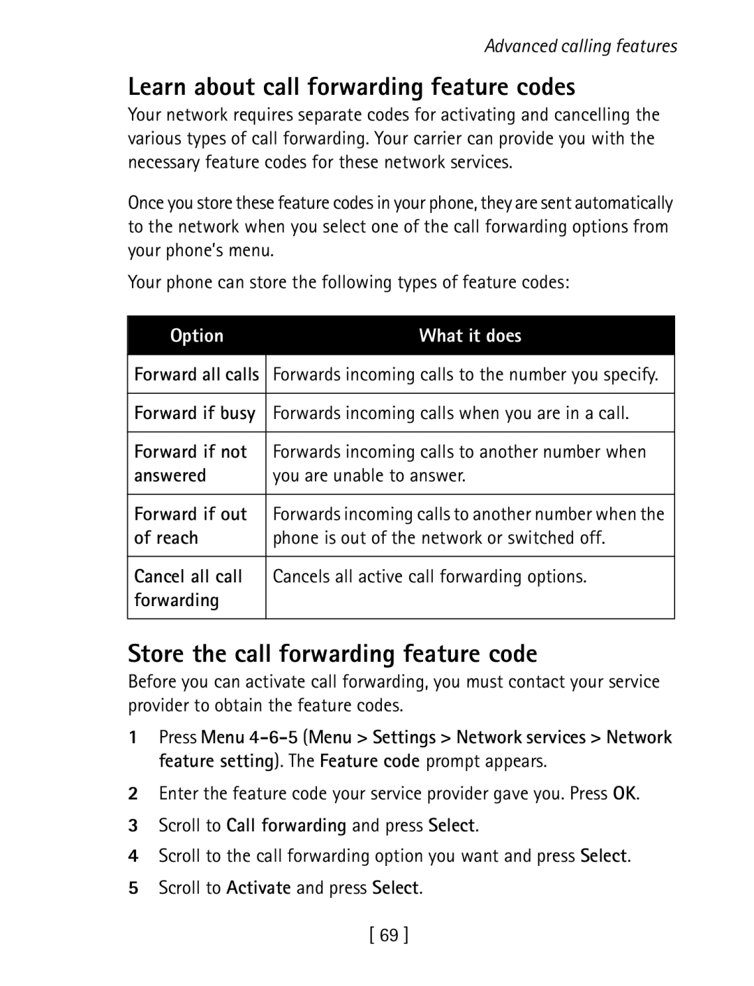 Nokia 1260 specifications Learn about call forwarding feature codes, Store the call forwarding feature code, Forward if not 