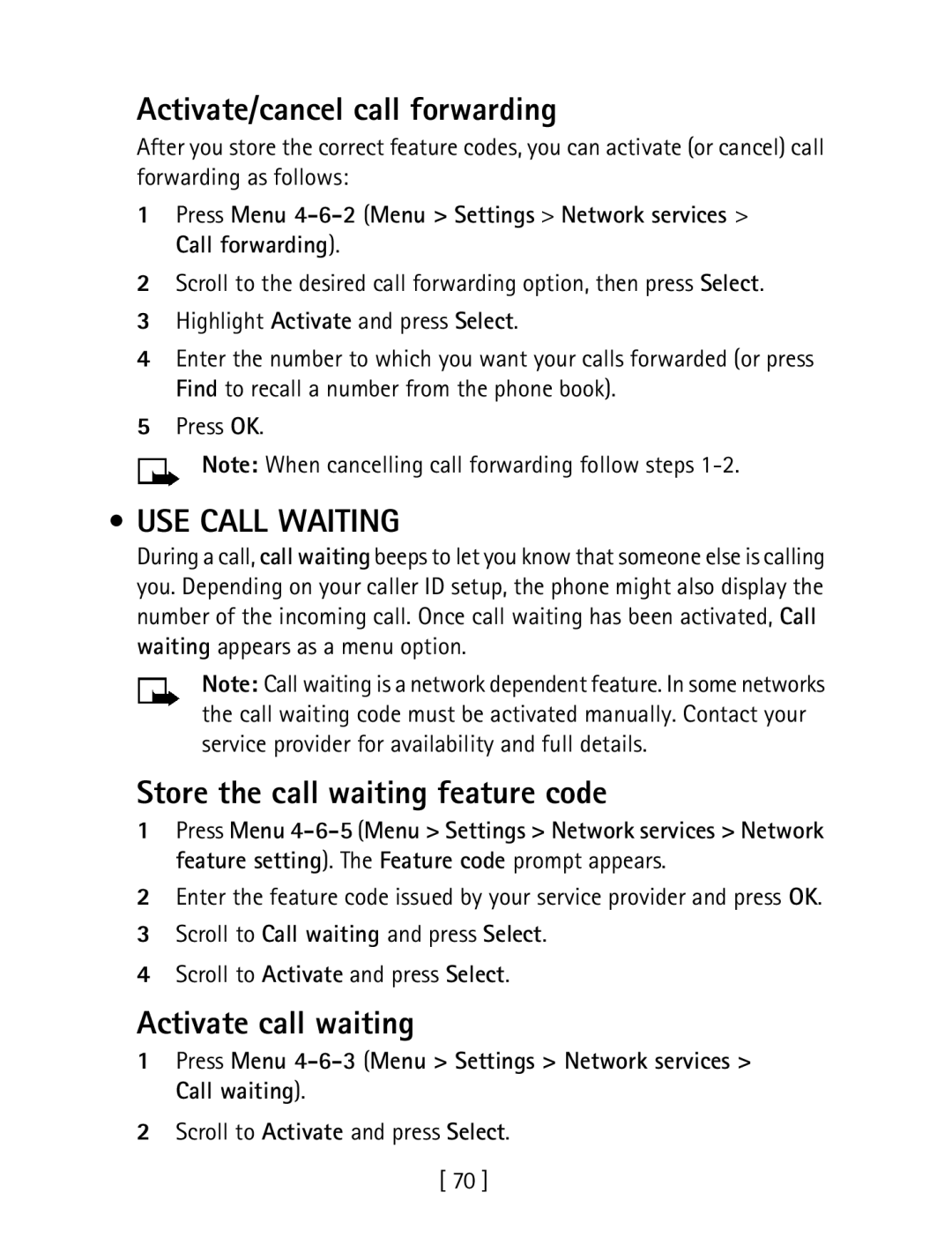 Nokia 1260 Activate/cancel call forwarding, USE Call Waiting, Store the call waiting feature code, Activate call waiting 