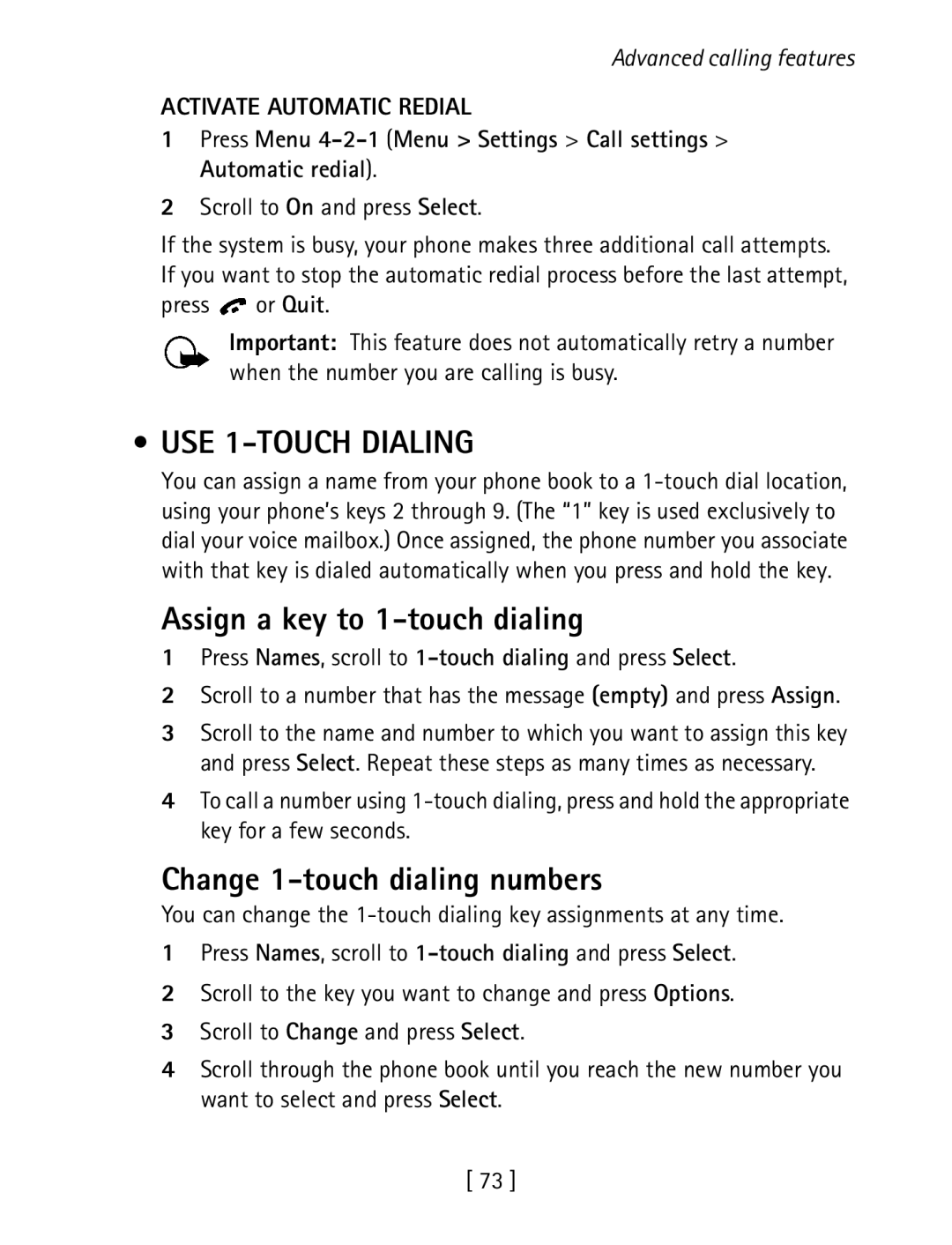 Nokia 1260 USE 1-TOUCH Dialing, Assign a key to 1-touch dialing, Change 1-touch dialing numbers, Activate Automatic Redial 