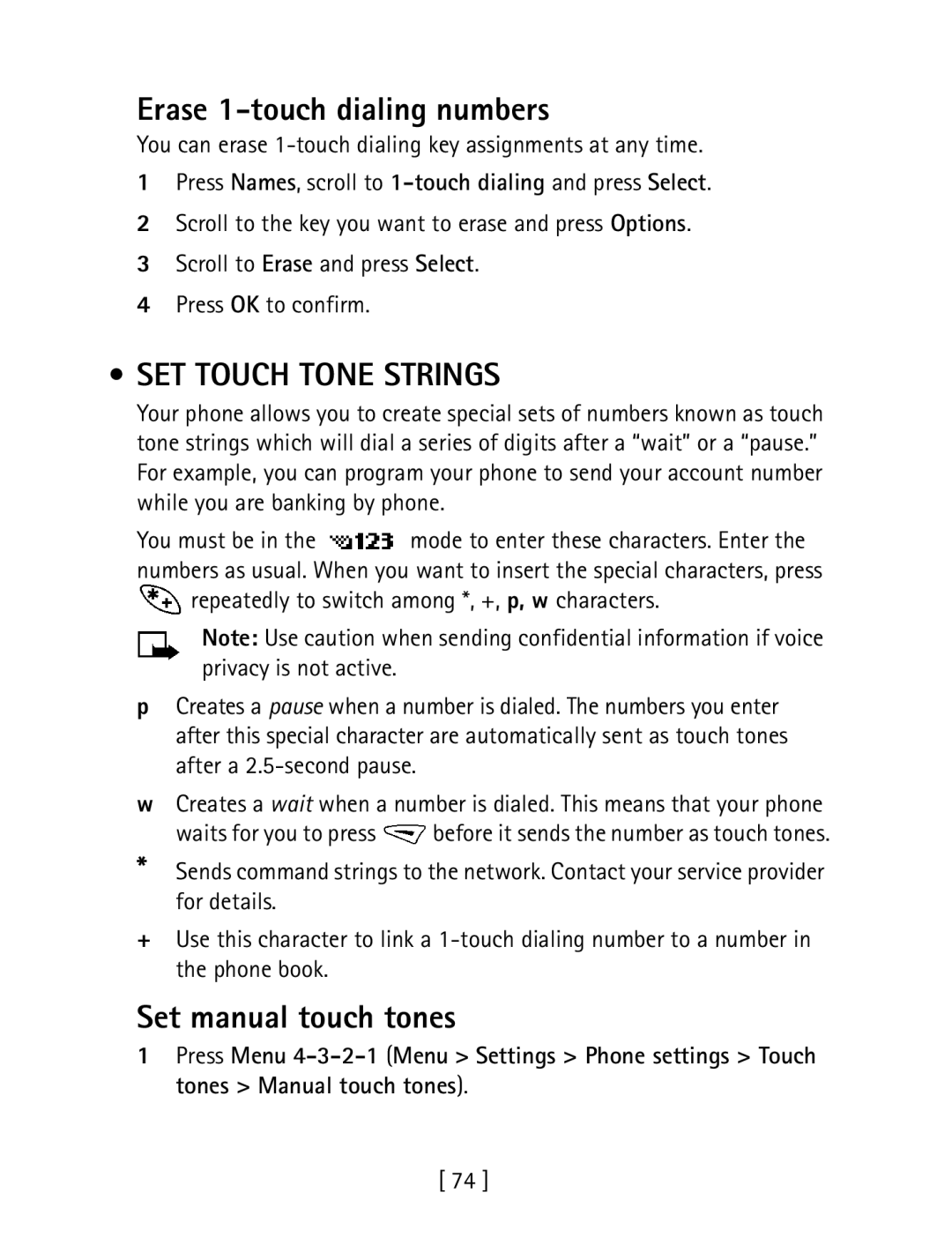 Nokia 1260 specifications Erase 1-touch dialing numbers, SET Touch Tone Strings, Set manual touch tones 