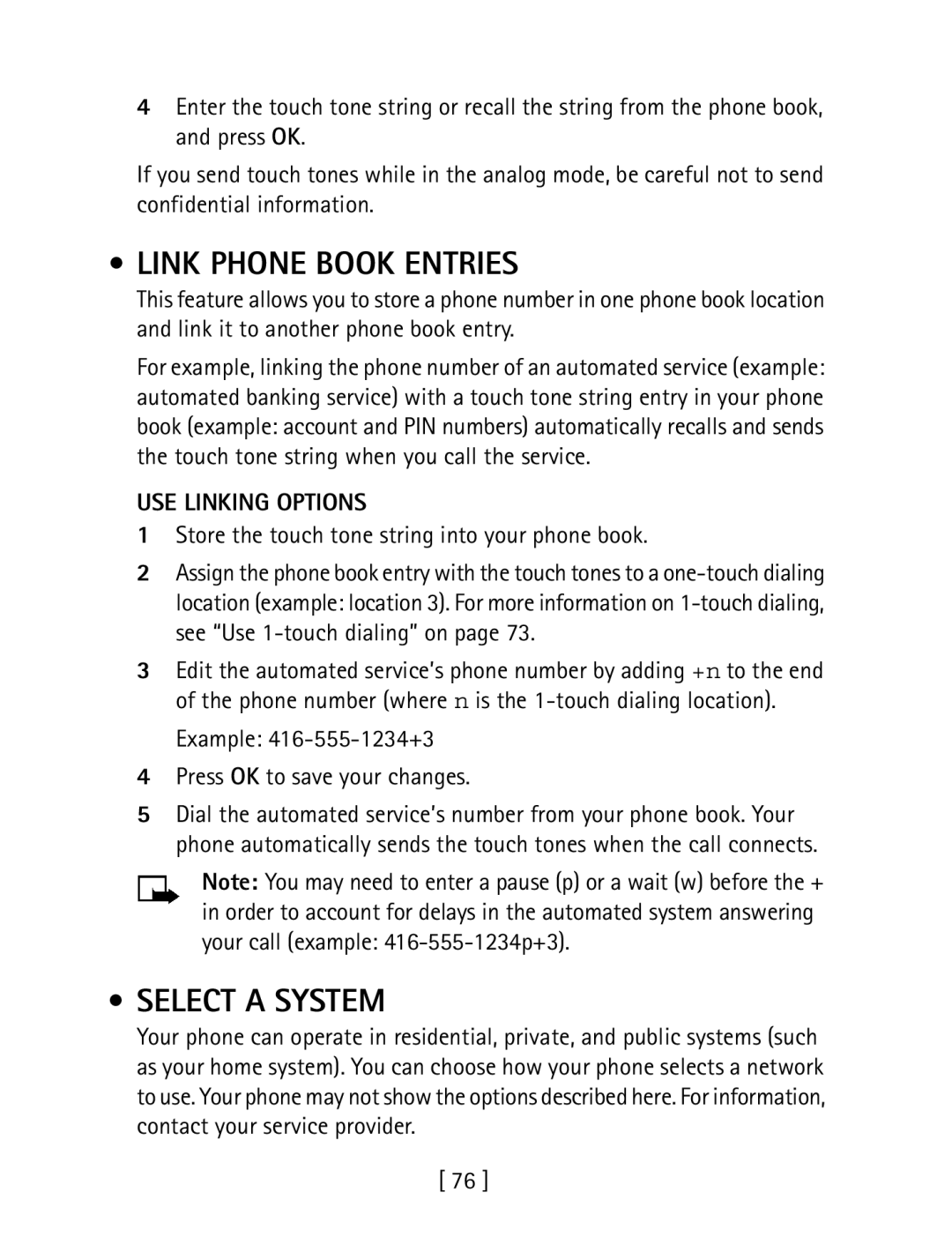 Nokia 1260 Link Phone Book Entries, Select a System, USE Linking Options, Store the touch tone string into your phone book 