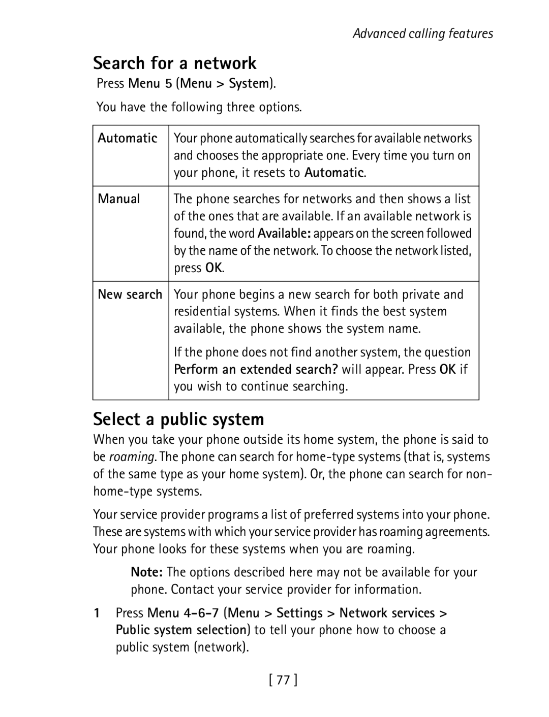 Nokia 1260 specifications Search for a network, Select a public system, Press Menu 5 Menu System, Automatic, Manual 