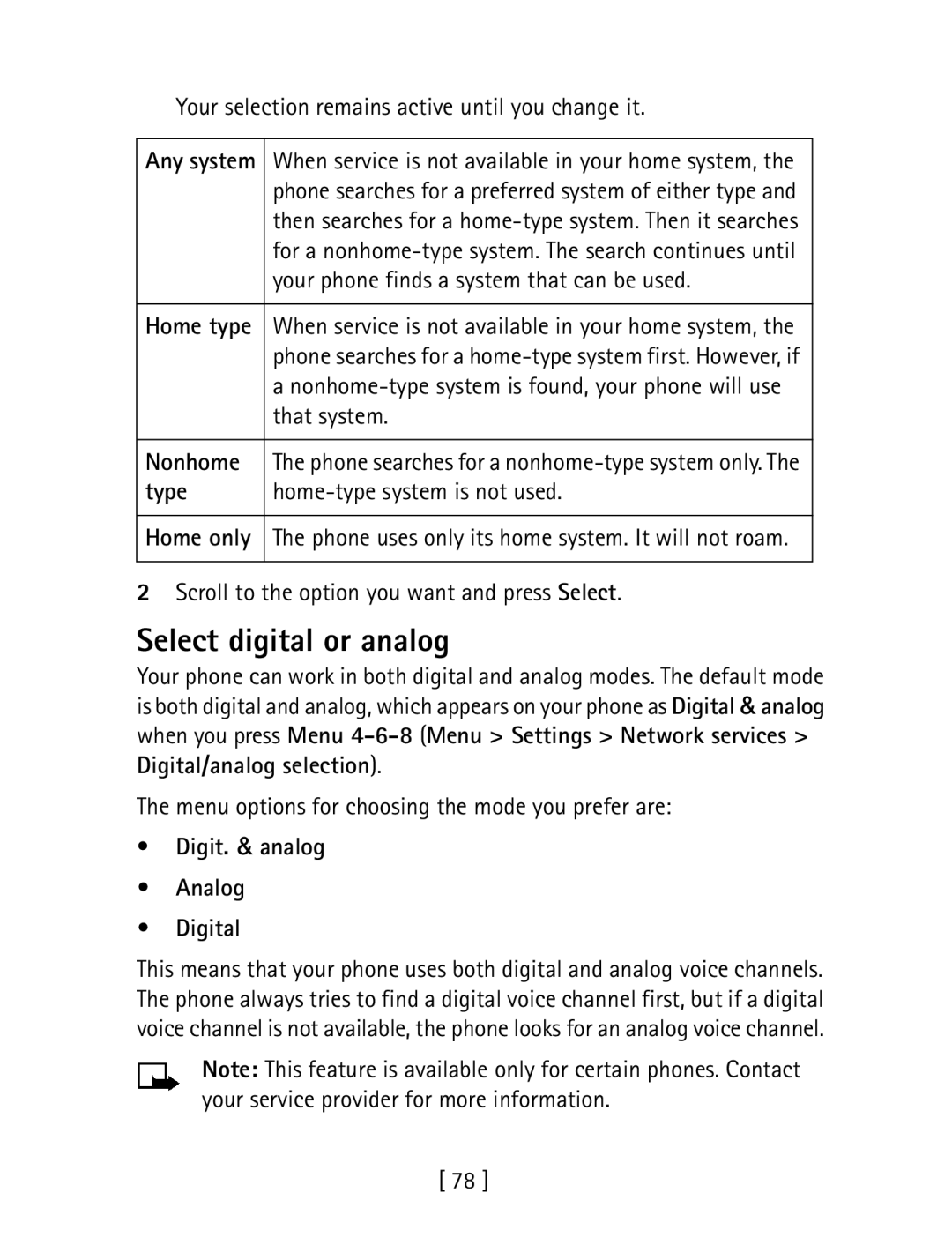 Nokia 1260 specifications Select digital or analog, Nonhome, Type, Digital/analog selection, Digit. & analog Analog Digital 