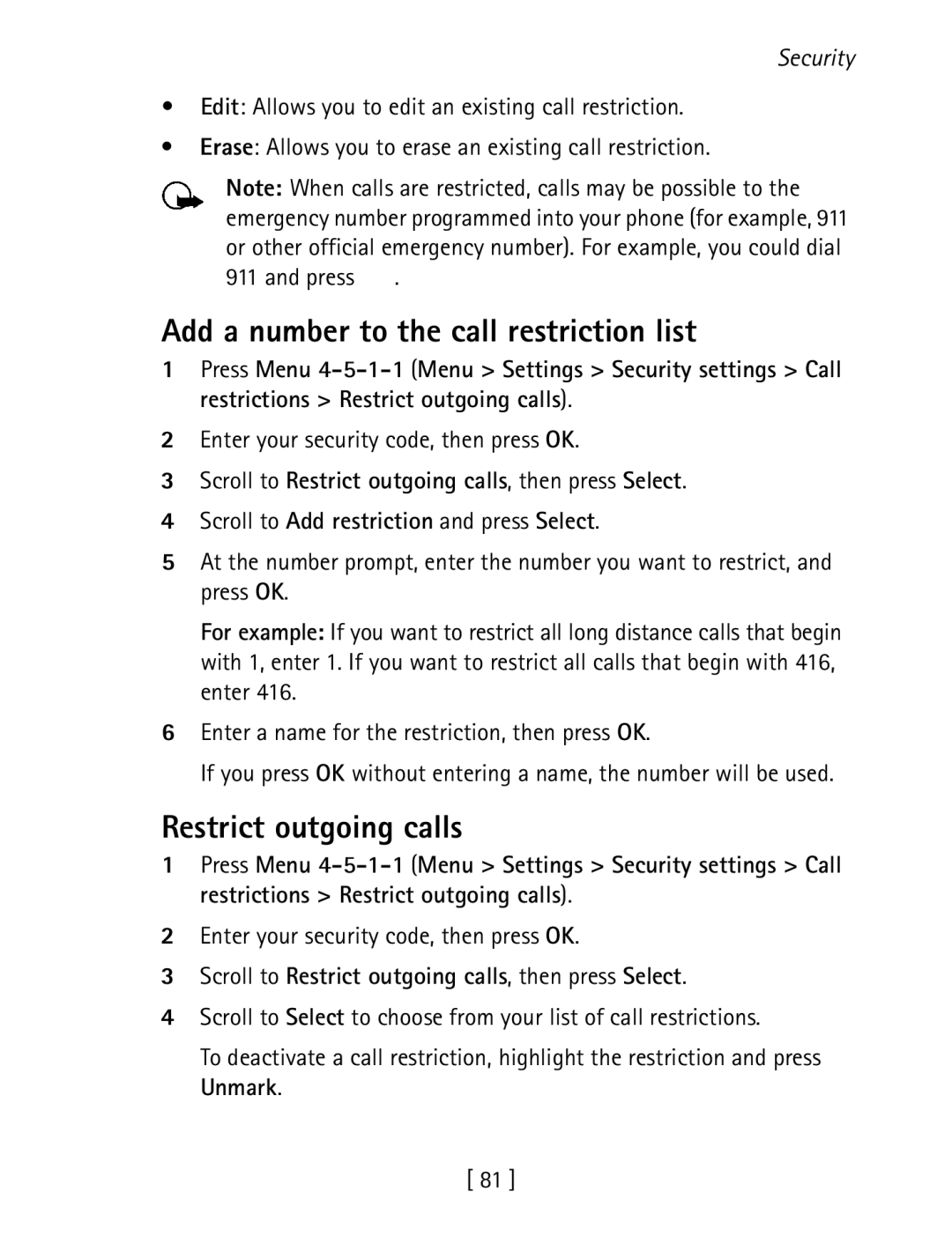 Nokia 1260 specifications Add a number to the call restriction list, Restrict outgoing calls 