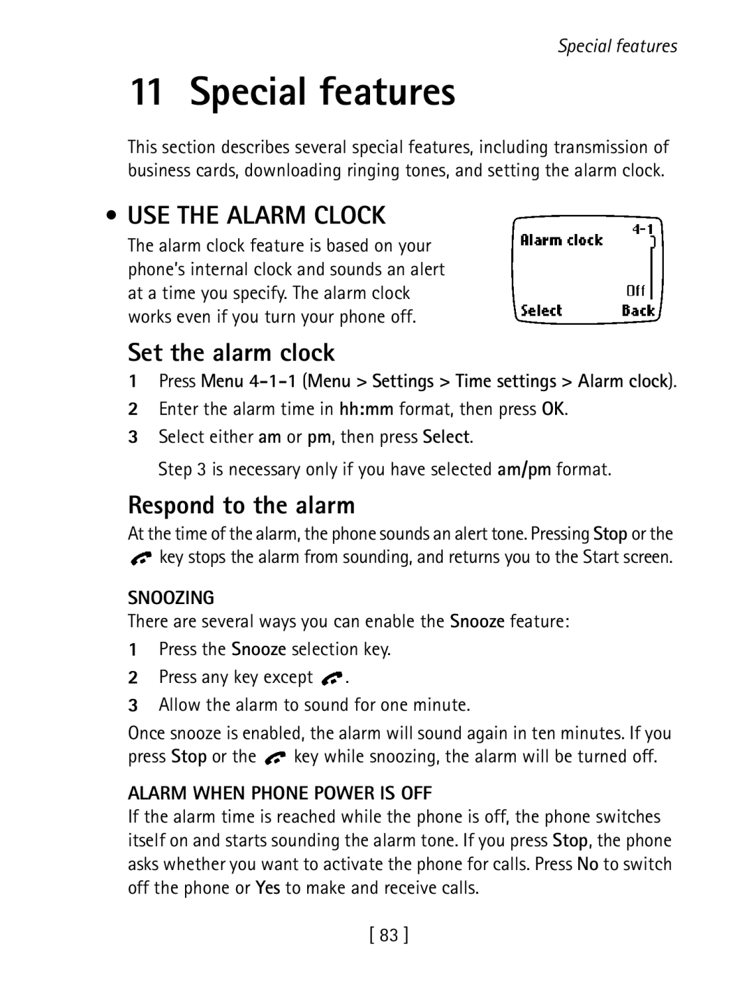 Nokia 1260 specifications Special features, USE the Alarm Clock, Set the alarm clock, Respond to the alarm 