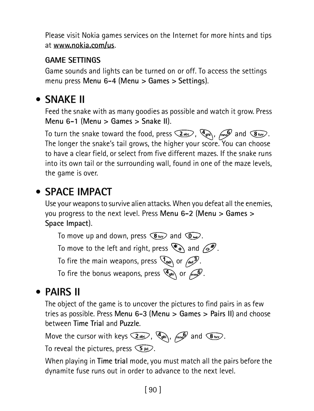 Nokia 1260 specifications Snake, Space Impact, Pairs, Game Settings 