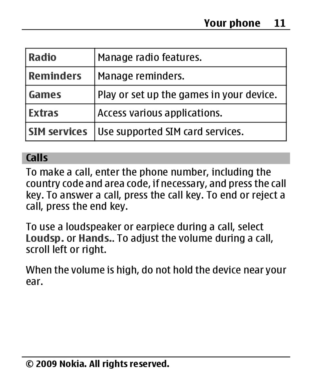 Nokia 1280 manual Radio Reminders Games Extras SIM services, Calls 