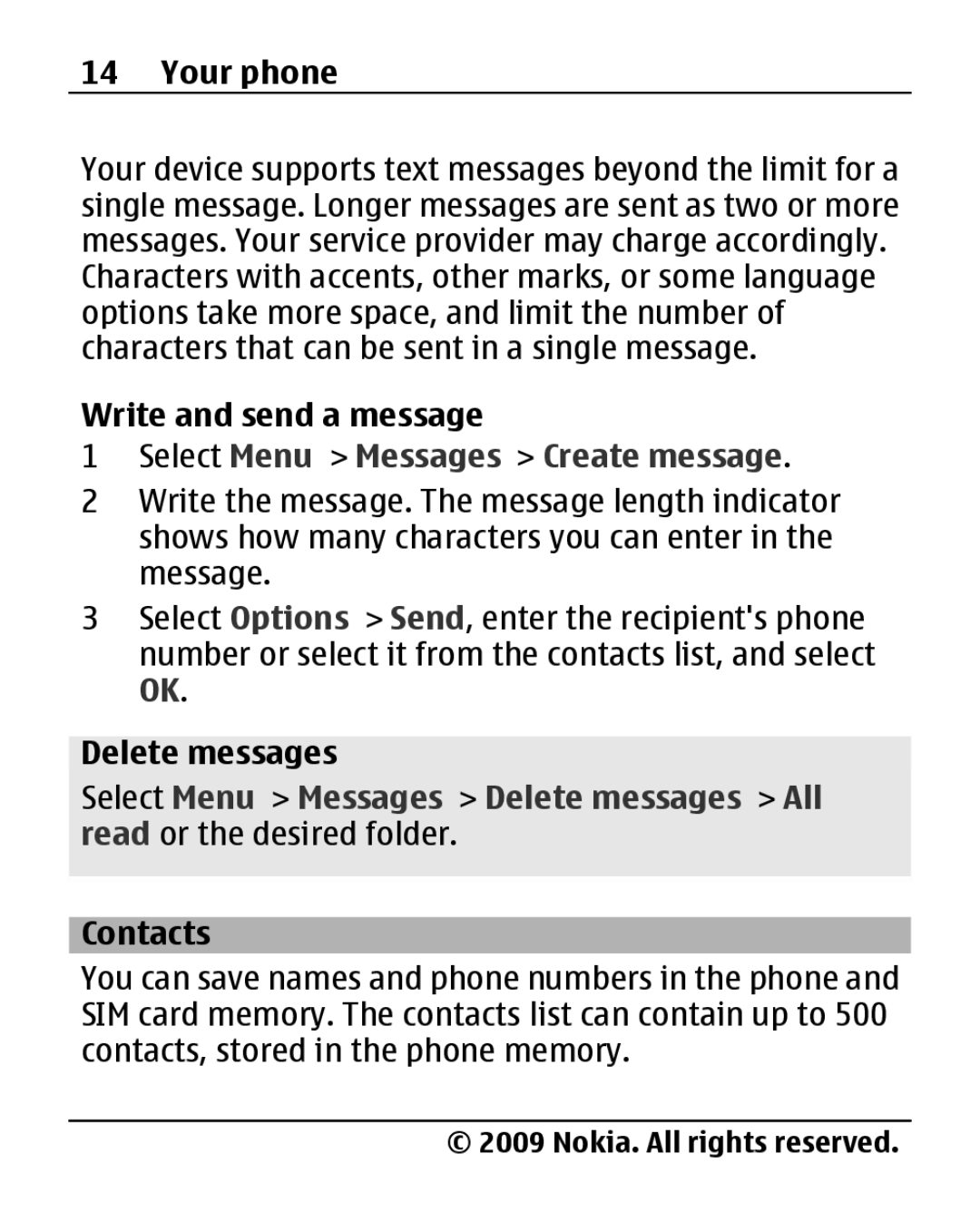 Nokia 1280 manual Write and send a message, Select Menu Messages Create message, Delete messages, Contacts 