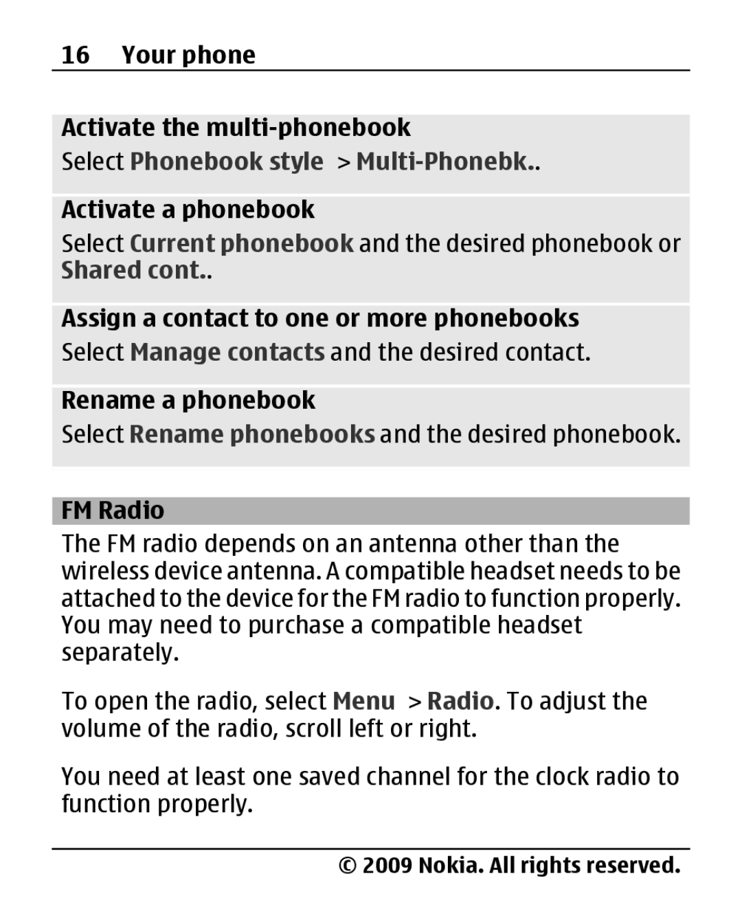 Nokia 1280 Your phone Activate the multi-phonebook, Select Phonebook style Multi-Phonebk, Activate a phonebook, FM Radio 