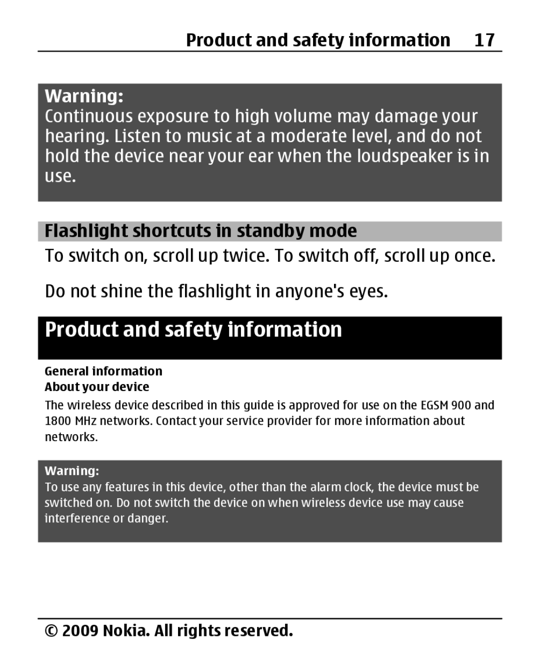 Nokia 1280 Product and safety information, Flashlight shortcuts in standby mode, General information About your device 