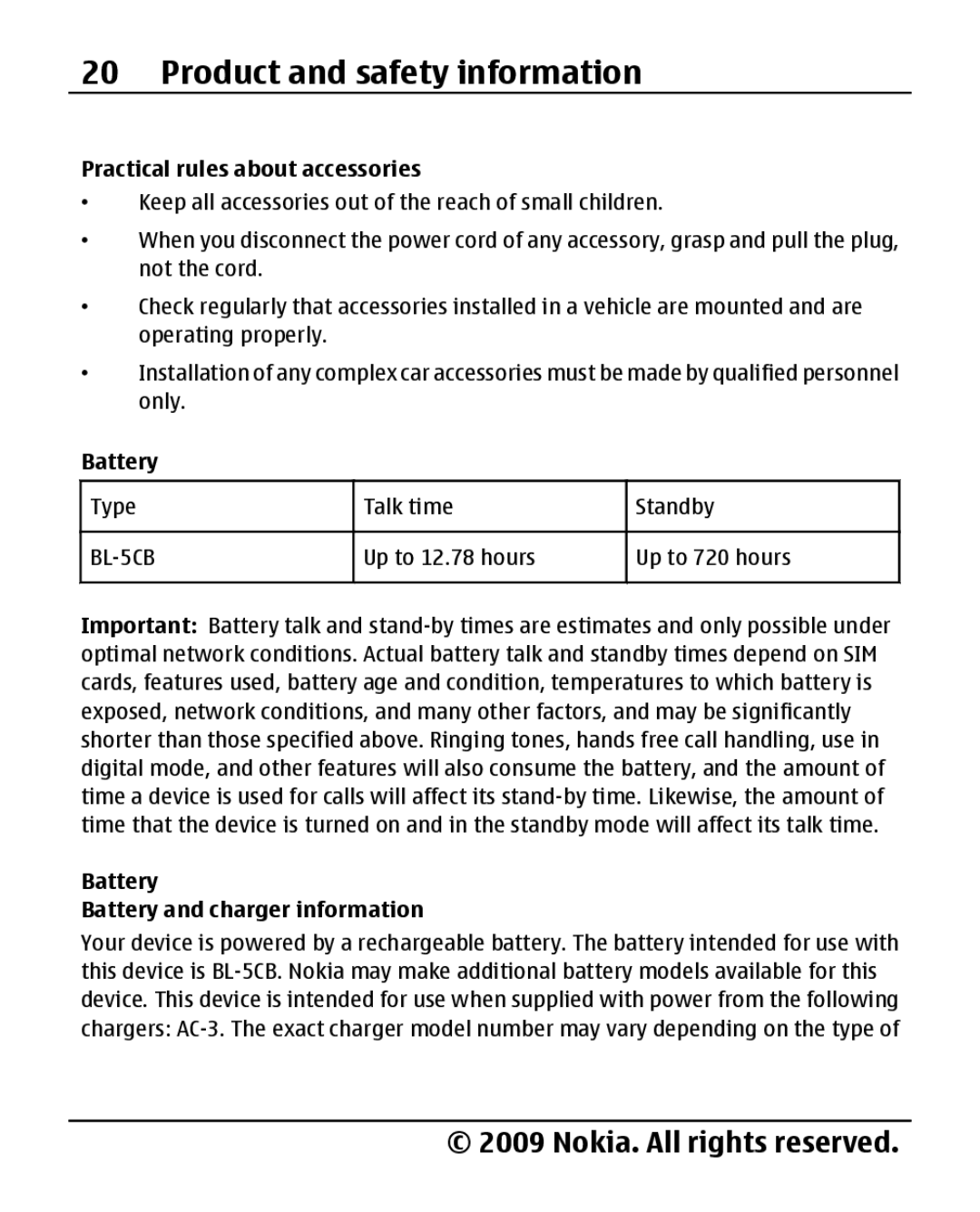 Nokia 1280 manual Practical rules about accessories, Battery Battery and charger information 