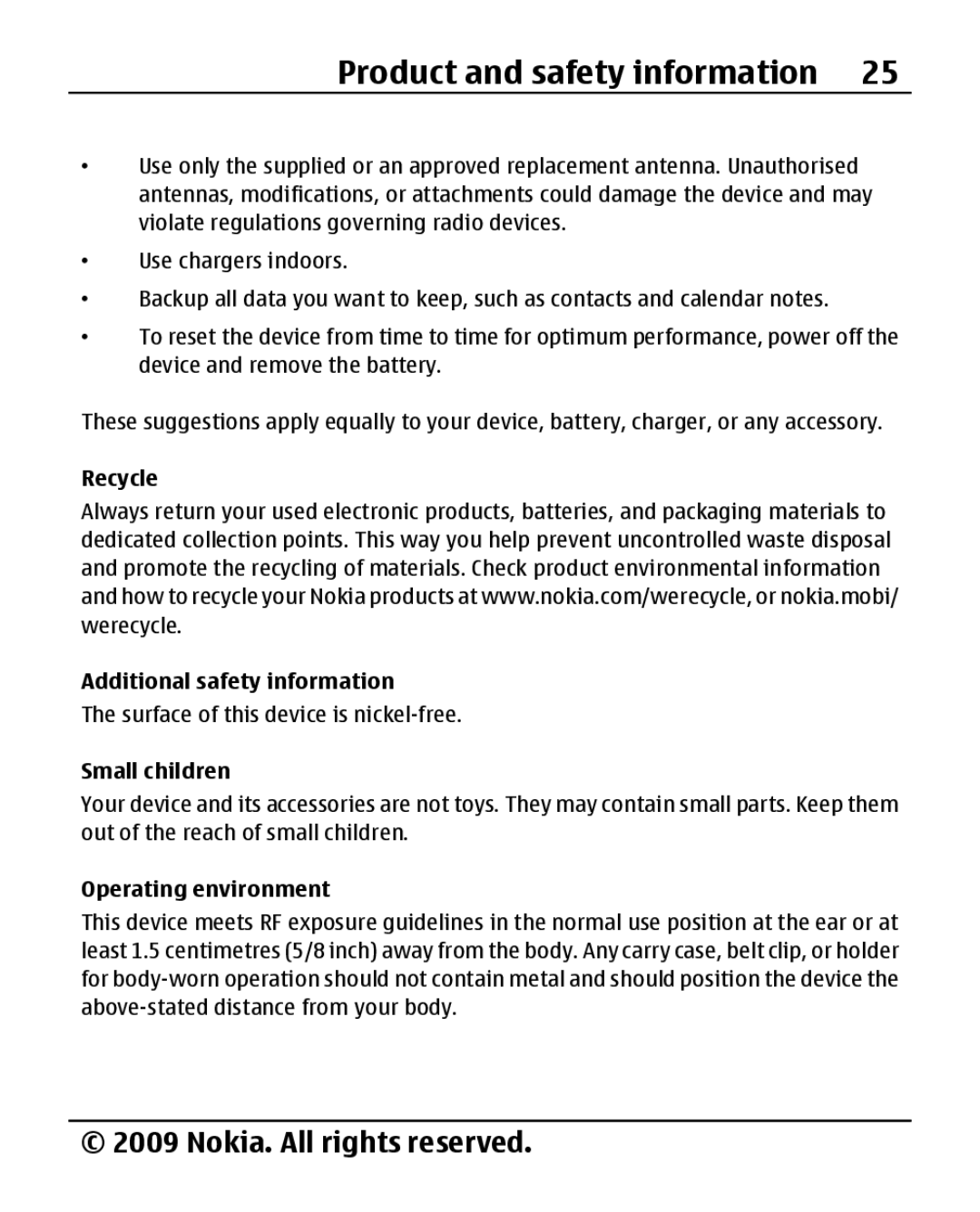 Nokia 1280 manual Recycle Additional safety information, Small children, Operating environment 