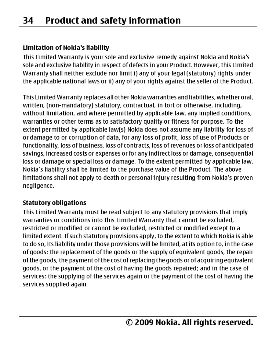 Nokia 1280 manual Limitation of Nokias liability, Statutory obligations 