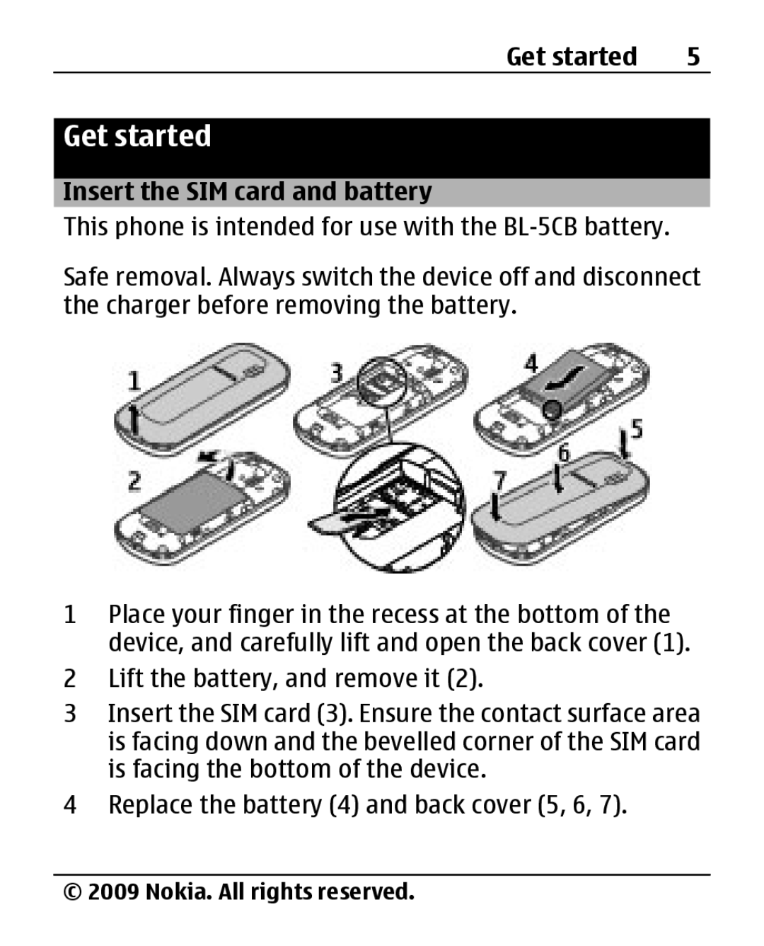 Nokia 1280 manual Get started, Insert the SIM card and battery 