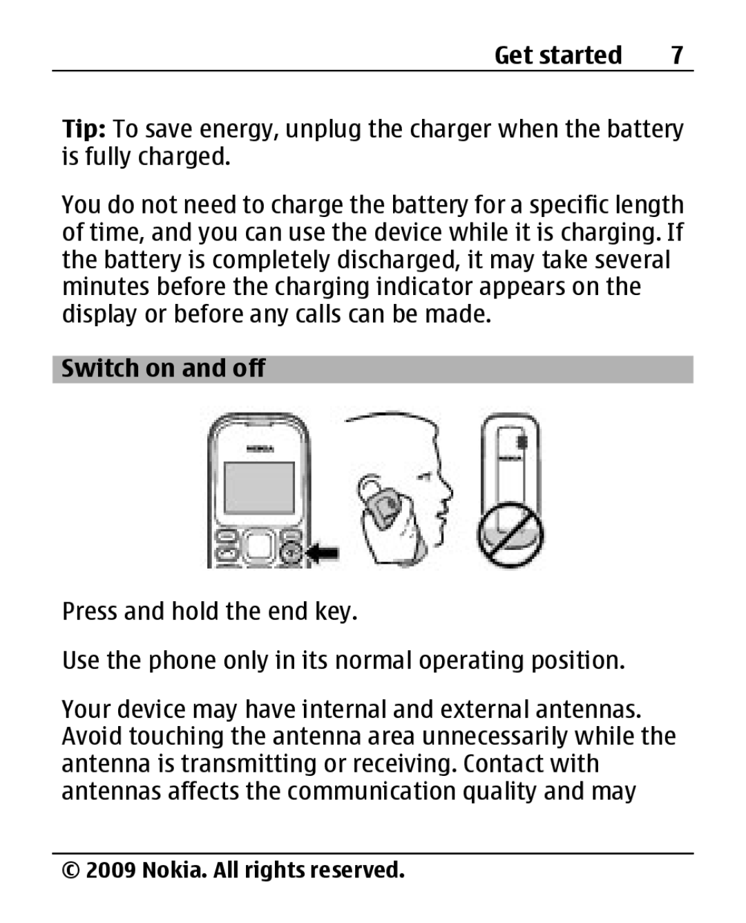 Nokia 1280 manual Switch on and off 