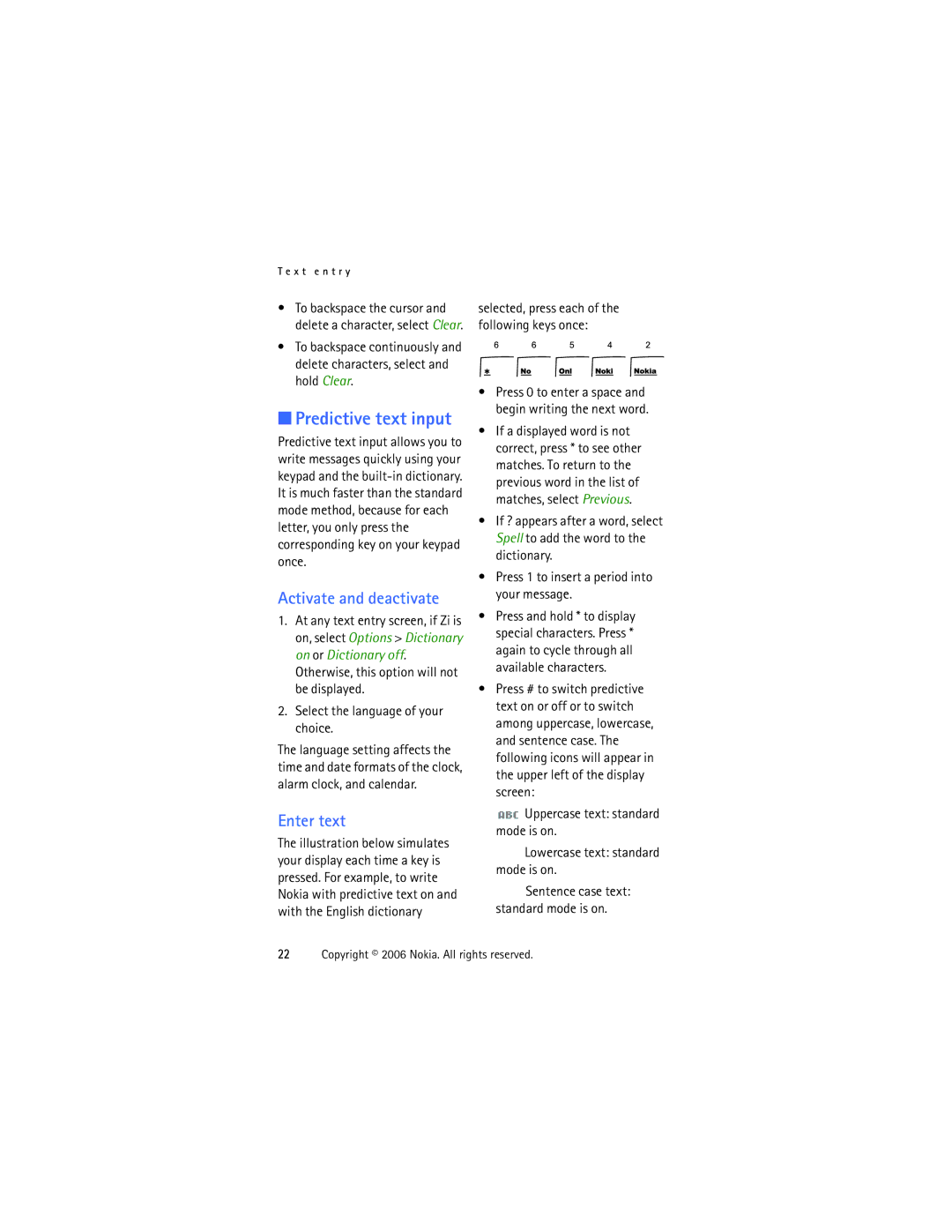 Nokia 1315 manual Predictive text input, Activate and deactivate, Enter text 