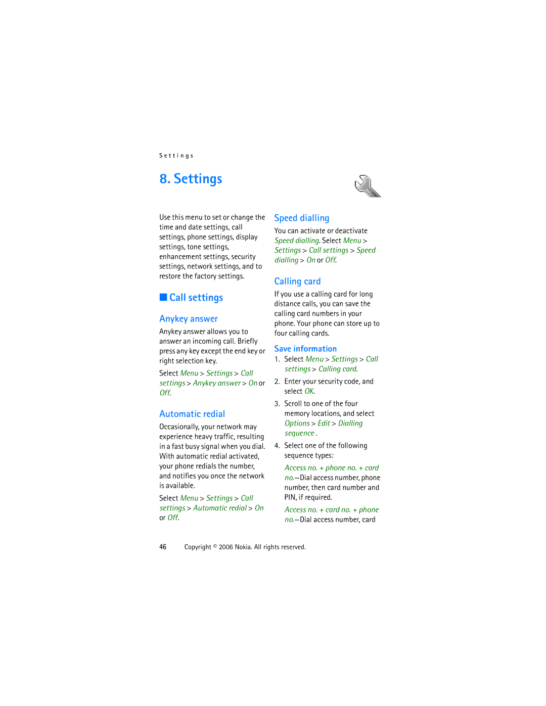 Nokia 1315 manual Settings, Call settings 