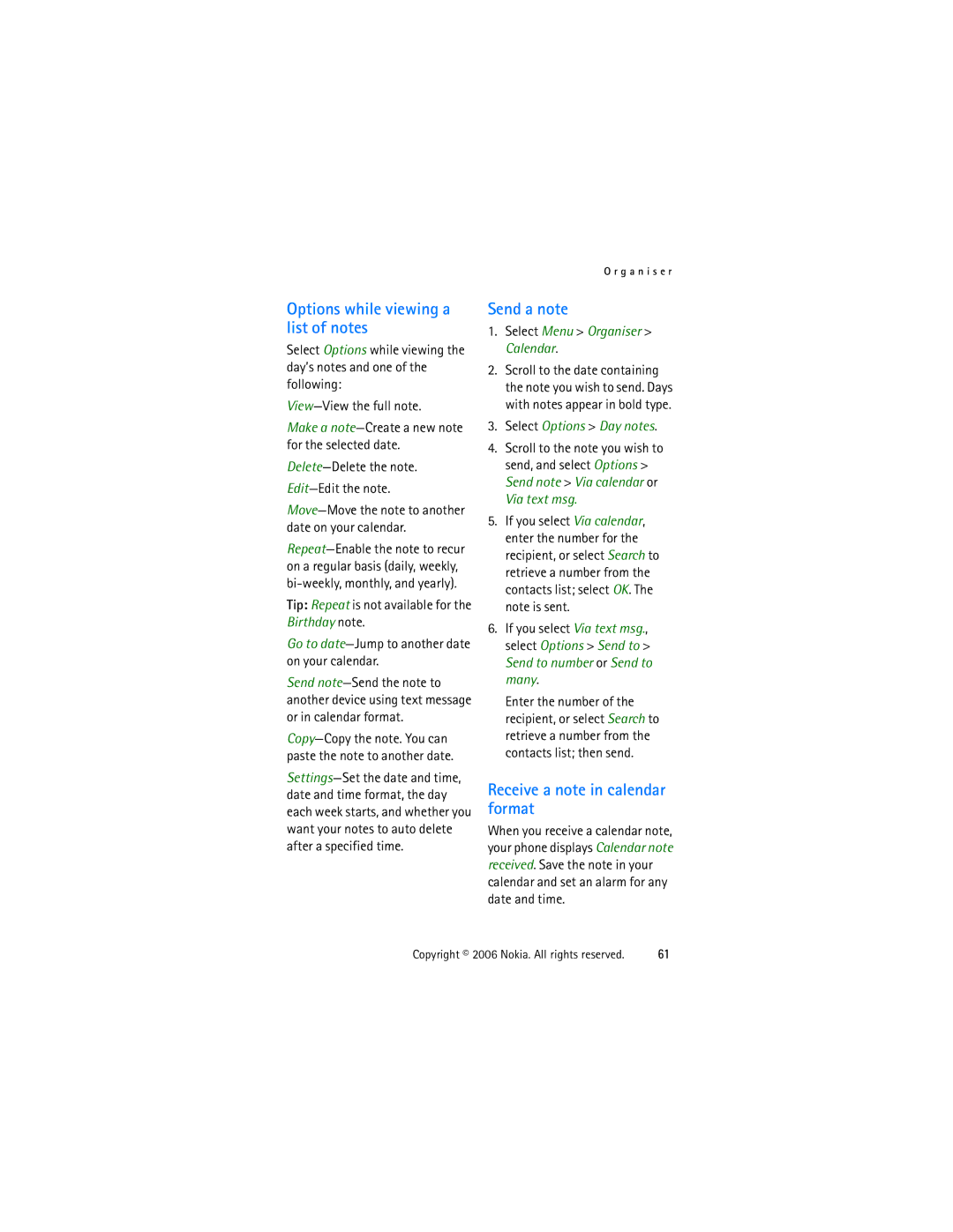 Nokia 1315 manual Send a note, Receive a note in calendar format, Options while viewing a list of notes 