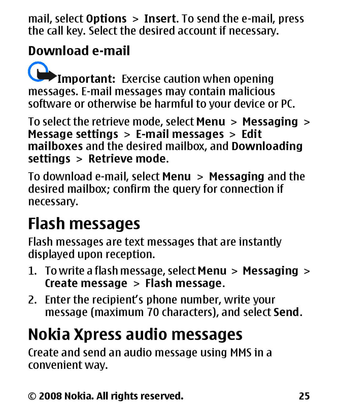 Nokia 1680 manual Flash messages, Nokia Xpress audio messages, Download e-mail, Create message Flash message 