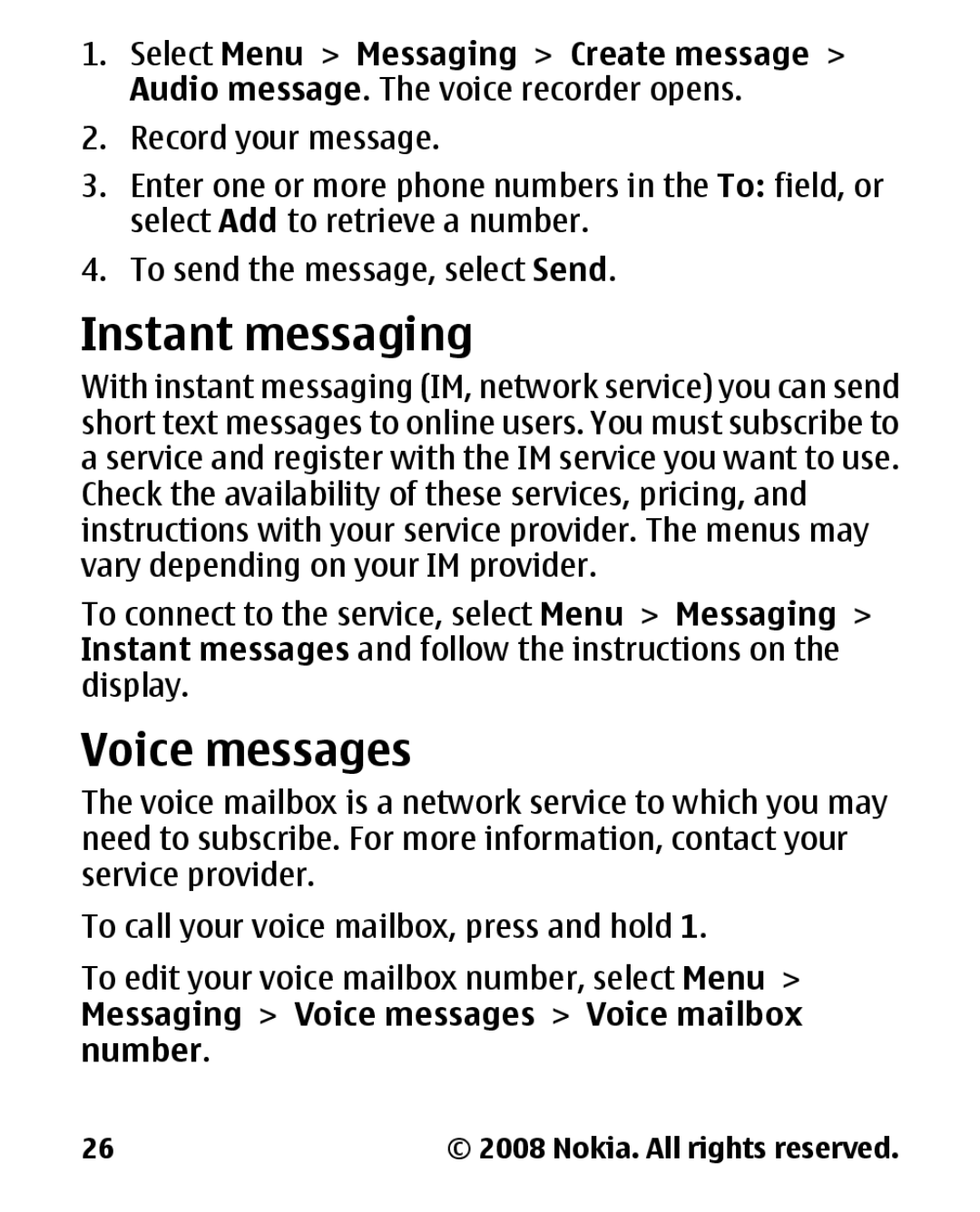 Nokia 1680 manual Instant messaging, Voice messages, Select Menu Messaging Create message 