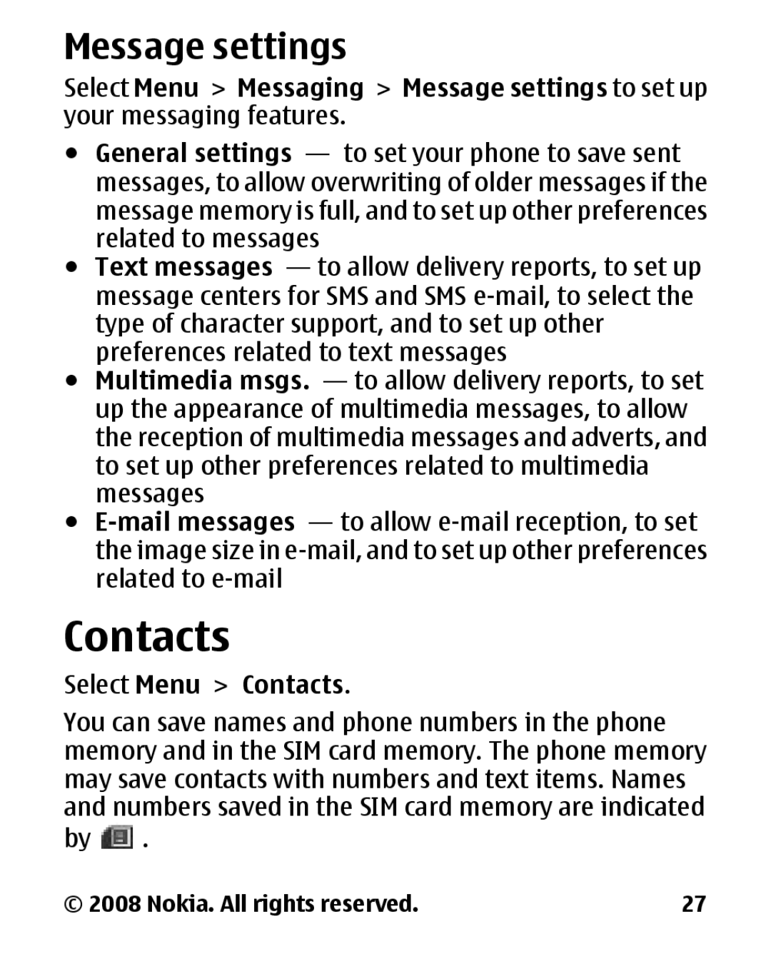 Nokia 1680 manual Message settings, Select Menu Contacts 