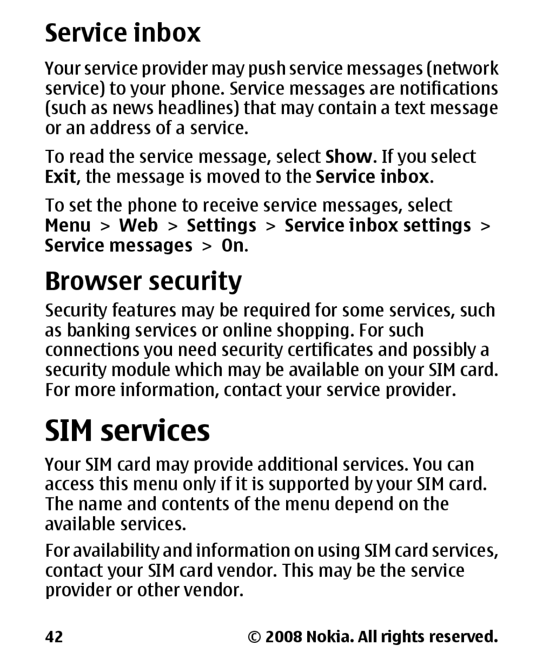 Nokia 1680 manual SIM services, Service inbox, Browser security 