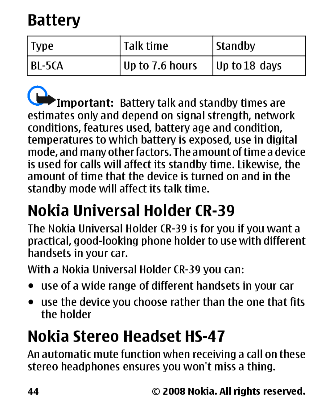 Nokia 1680 manual Battery, Nokia Universal Holder CR-39, Nokia Stereo Headset HS-47 