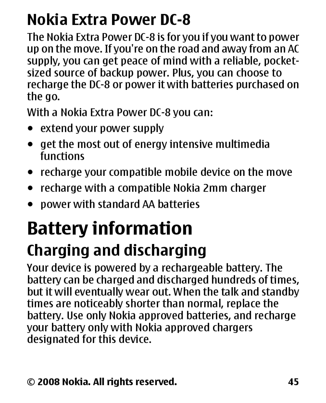 Nokia 1680 manual Battery information, Nokia Extra Power DC-8, Charging and discharging 