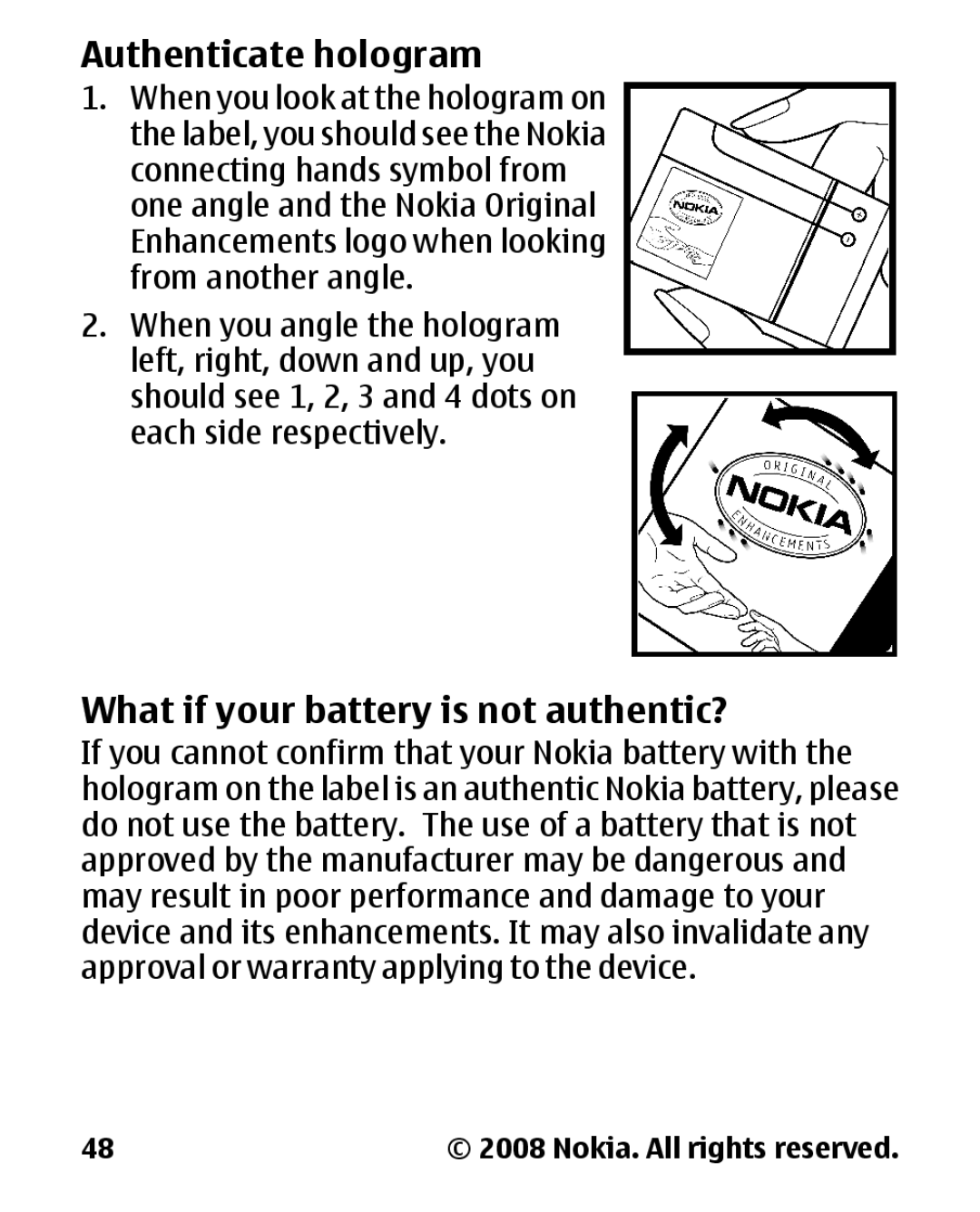 Nokia 1680 manual Authenticate hologram, What if your battery is not authentic? 