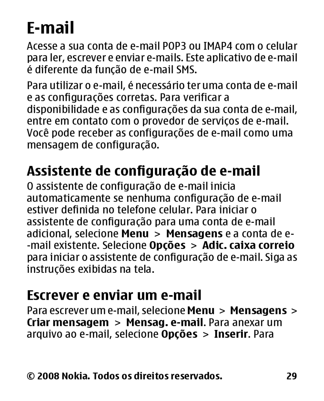 Nokia 1680c-2 manual Mail, Assistente de configuração de e-mail, Escrever e enviar um e-mail 