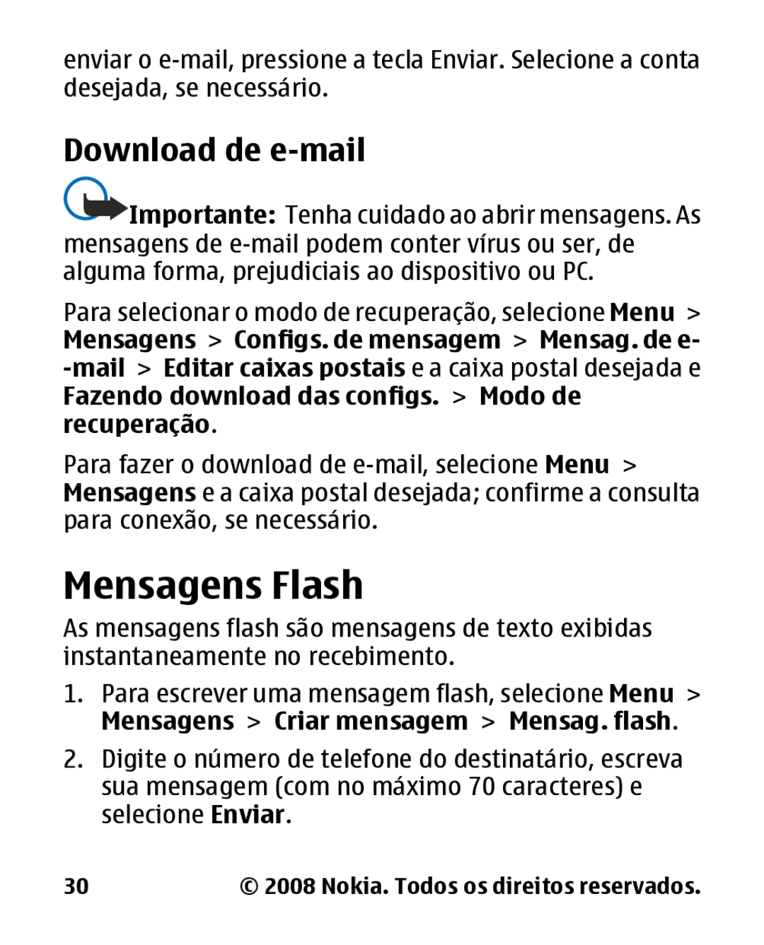 Nokia 1680c-2 manual Mensagens Flash, Download de e-mail, Mensagens Criar mensagem Mensag. flash 