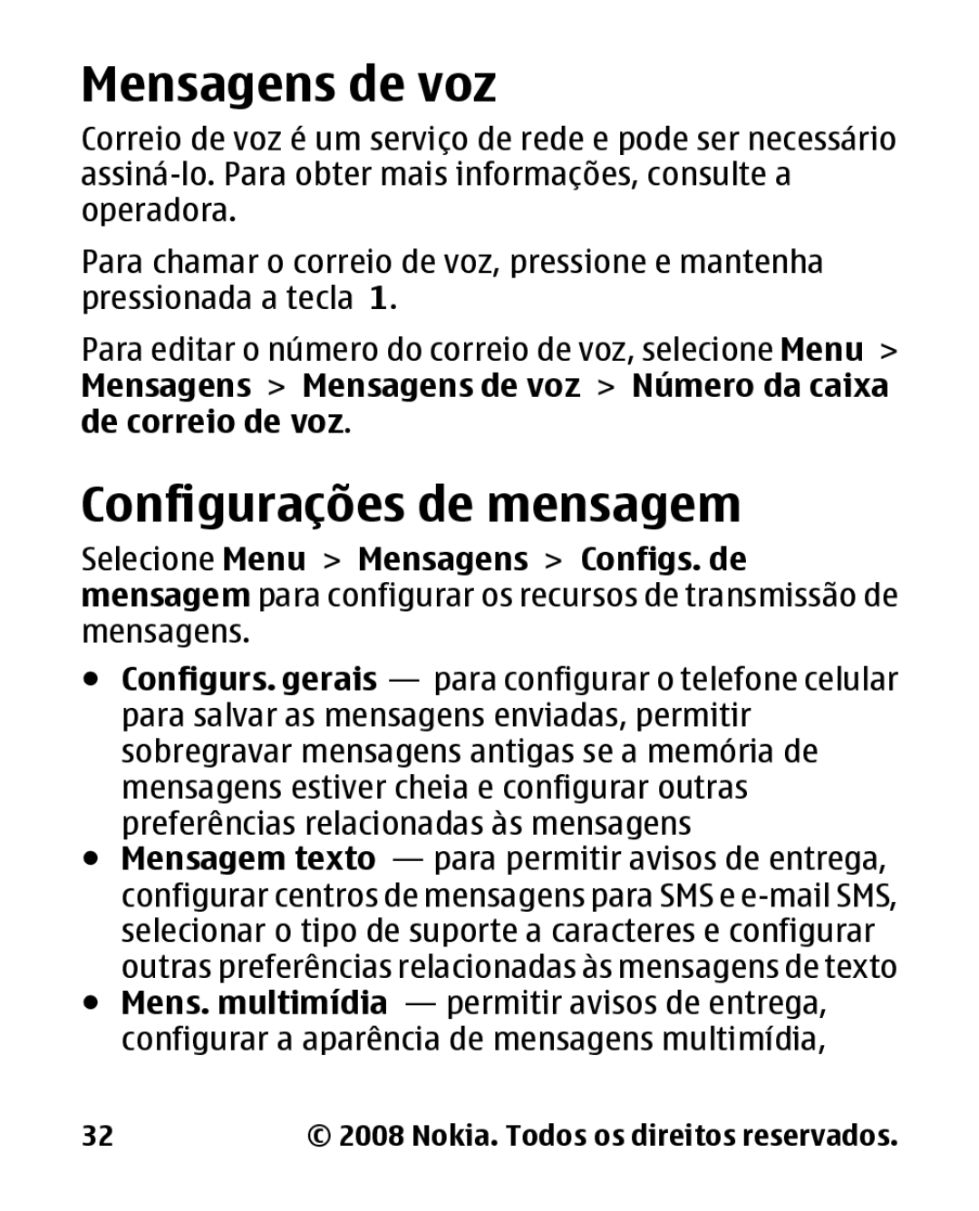 Nokia 1680c-2 manual Mensagens de voz, Configurações de mensagem 