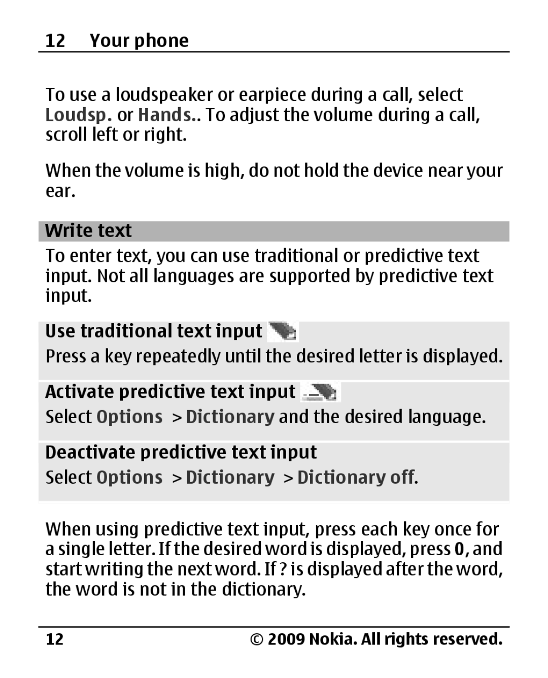 Nokia 1800 manual Write text, Use traditional text input, Activate predictive text input, Deactivate predictive text input 